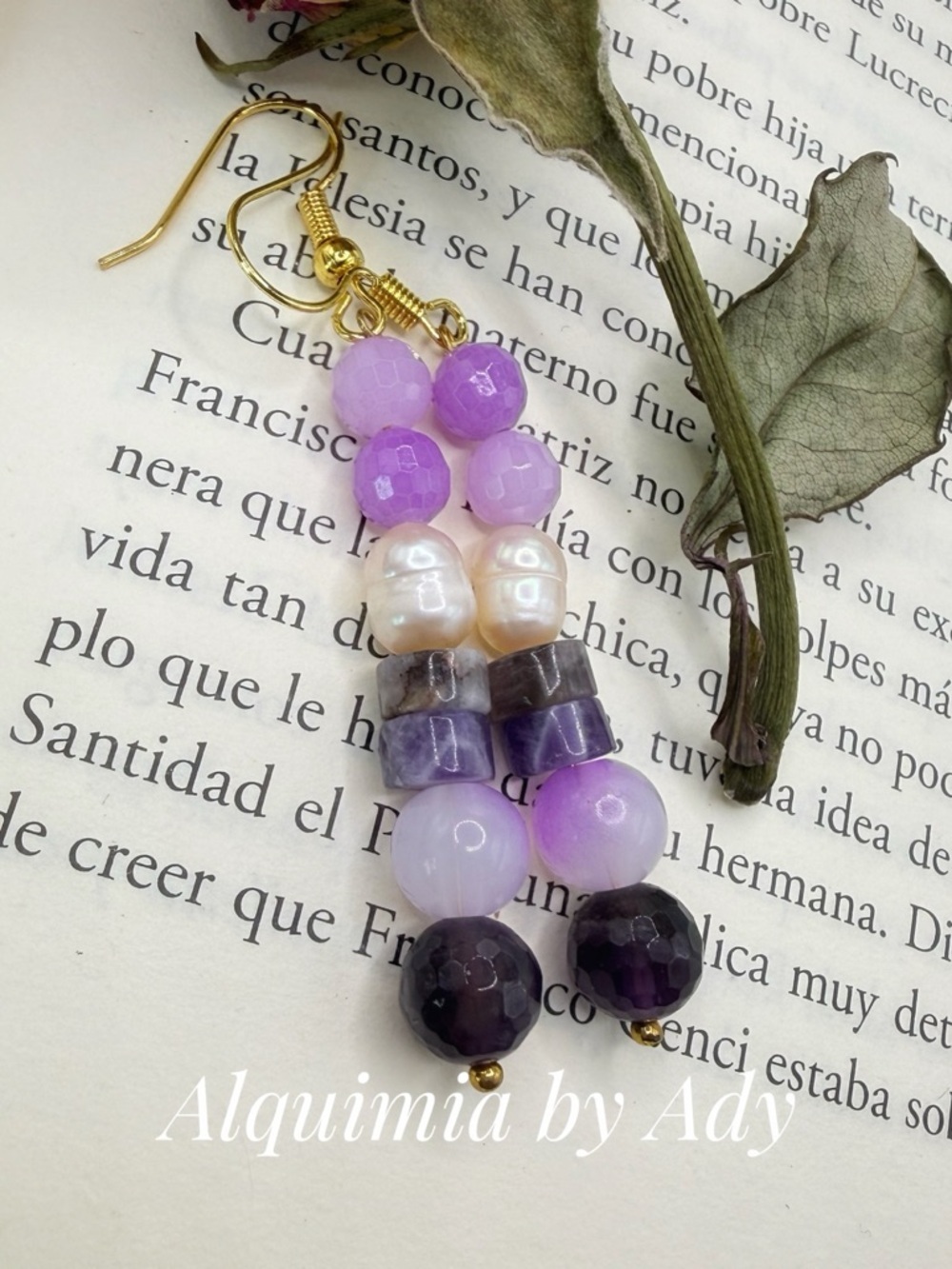 Alquimia Lavender jade and Amethyst Beaded Dangle Earrings with Pearl Accents